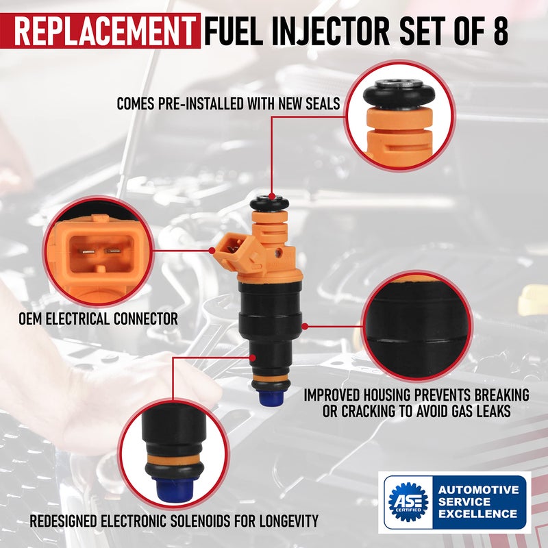 AA Ignition Fuel Injector Set of 8 - Replaces part 280150943, 0280150939, 0280150909 - Compatible with Ford, Lincoln, Mercury Vehicles - E250, F150, F250, F350, E350, Mustang - 4.6L, 5.0L, 5.4L, 5.8L - Image 4